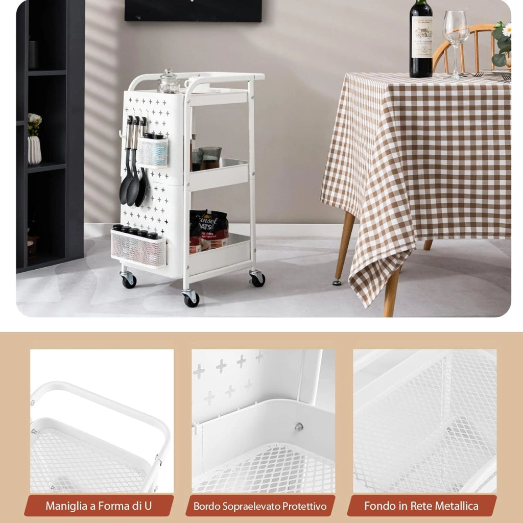 Carrello Multiuso a 3 Livelli, Carrello Organizzatore di Stoccaggio, con 2 Cestini e 4 Ganci, Ideale per Ufficio Cucina Garage, 52x33x75cm (Bianco)