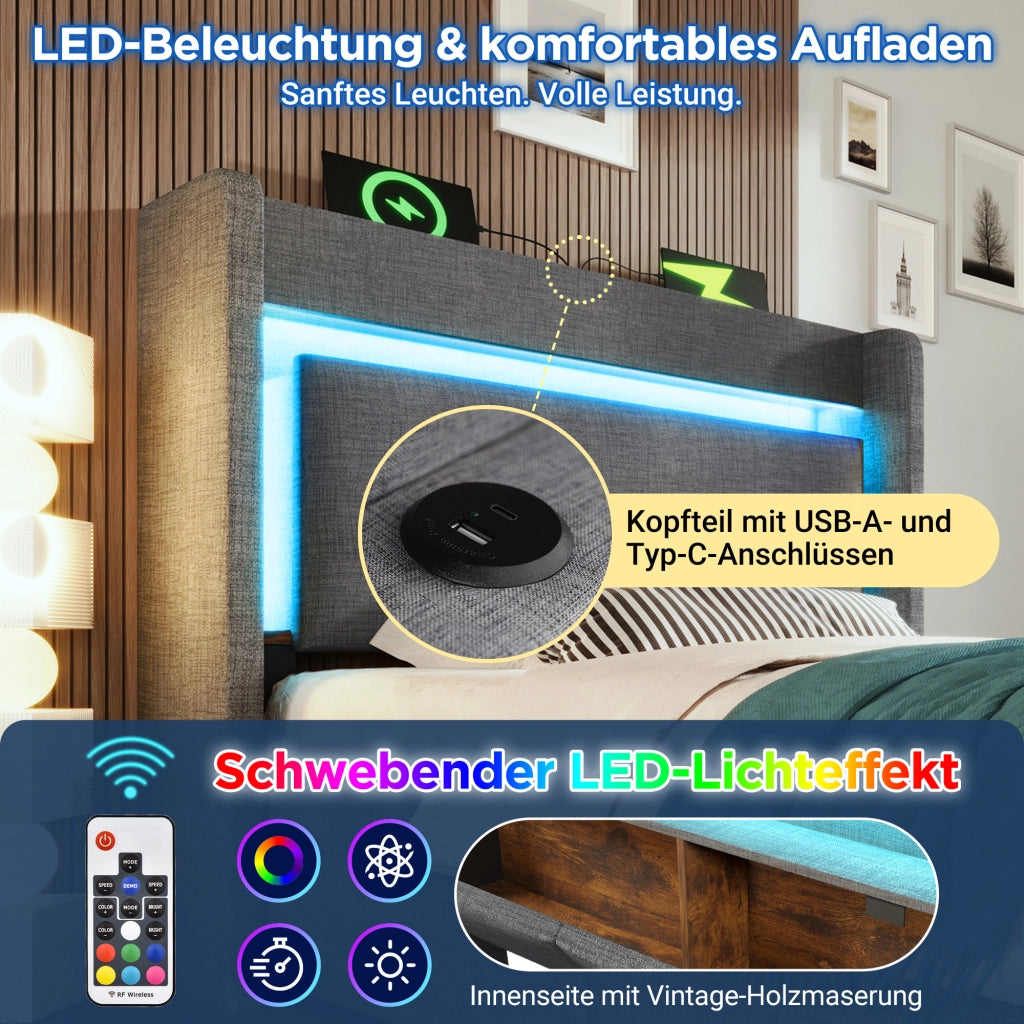 LETTO imbottito 90x200 cm con LED, porte USB e USB-C, grigio