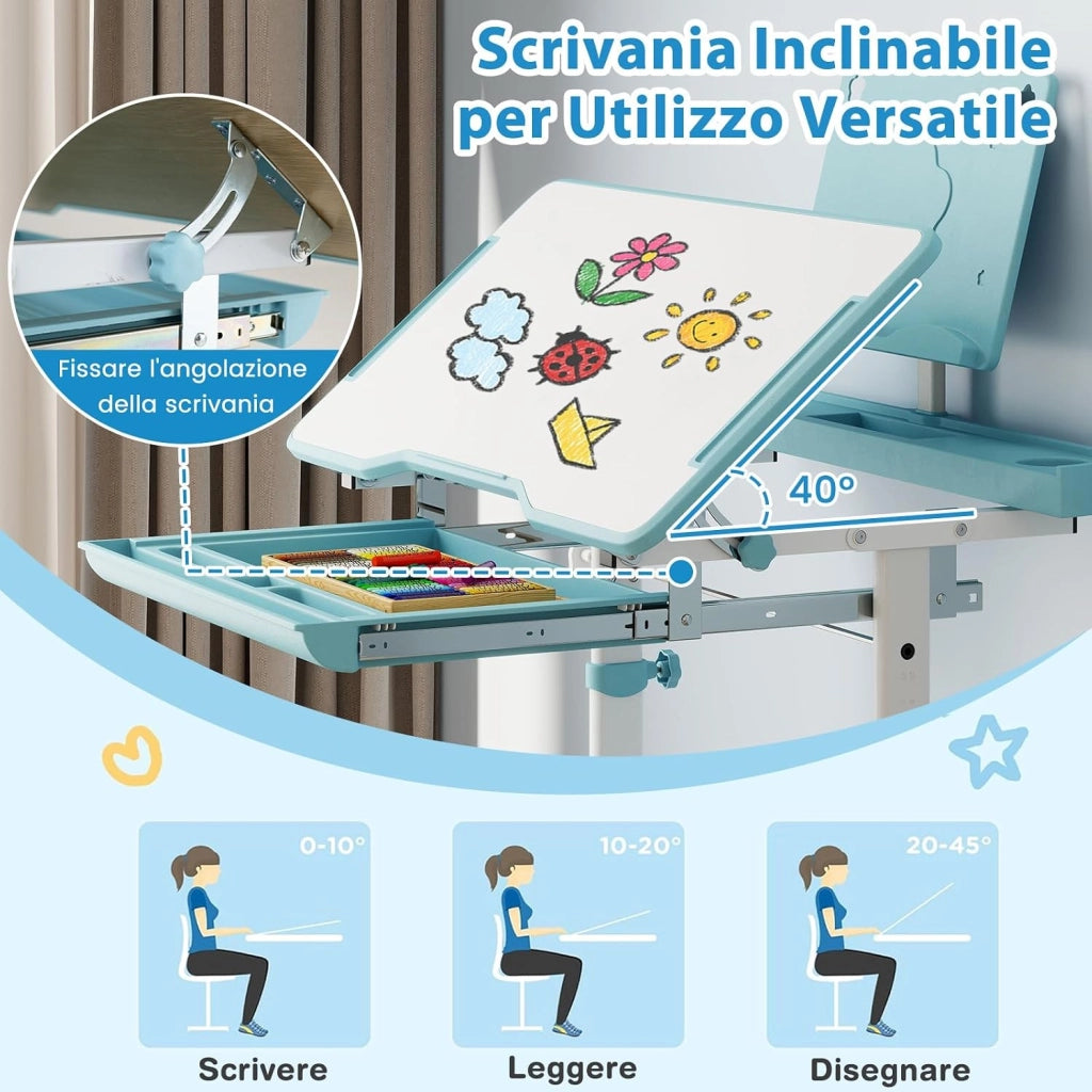 Set di Scrivania e Sedia per Bambini con Altezza Regolabile, Blu | Banco Scuola con Piano Inclinabile, Supporto per Libri, Barra Poggiapiedi e Sedia Ergonomica per Scuola, Ufficio e Cameretta