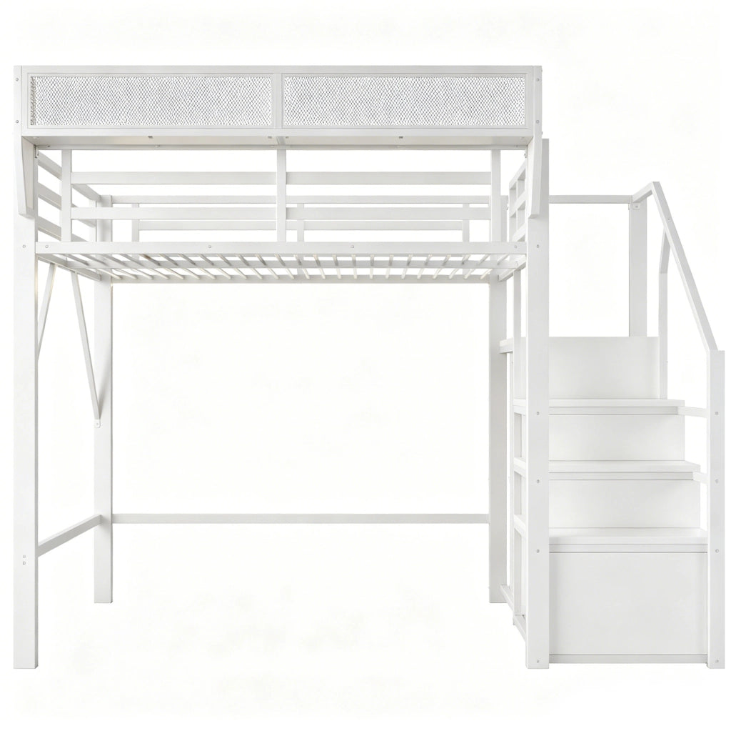 Letto a soppalco 140x200 cm con LED; scala di sicurezza e ripiani flessibili in metallo bianco