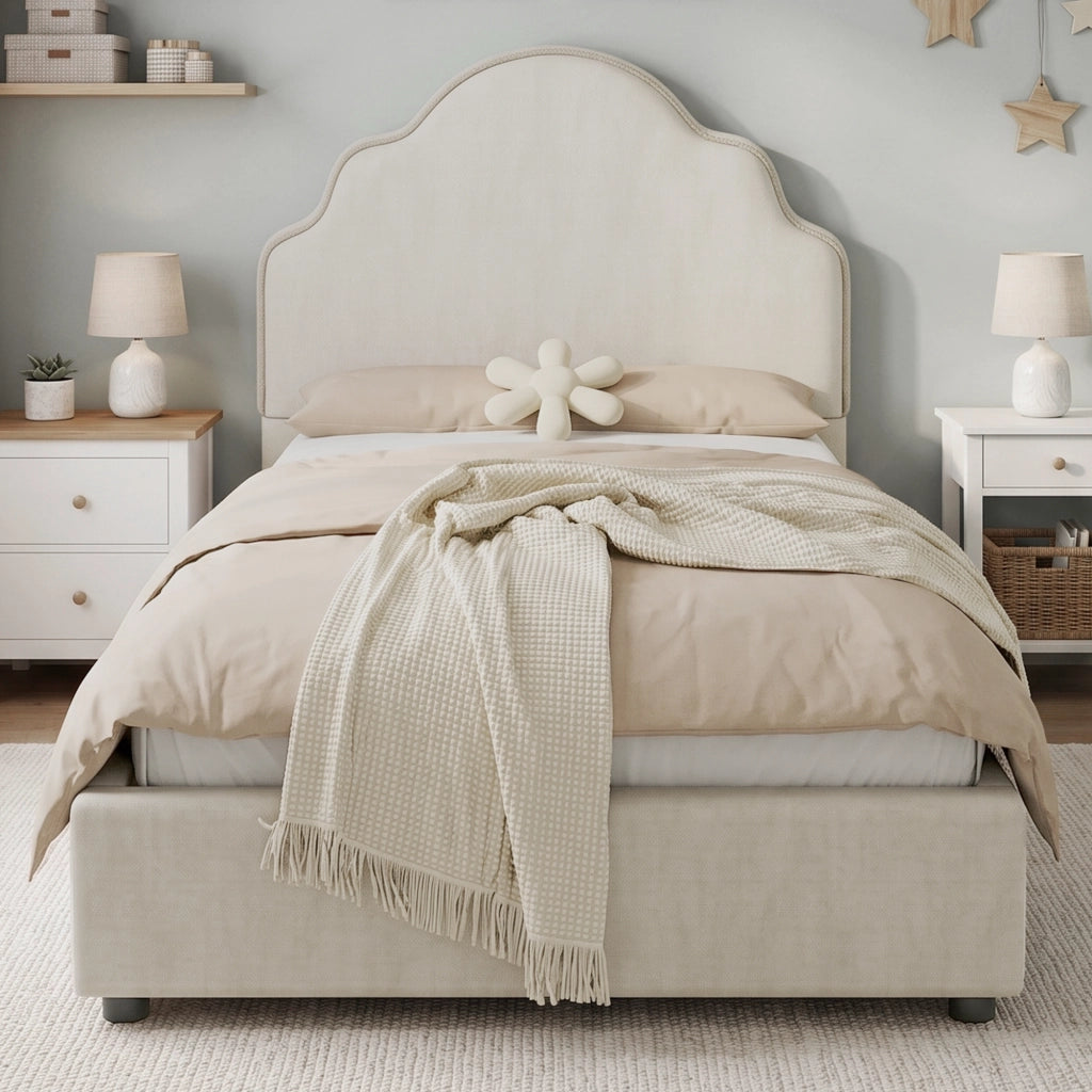 Letto per bambini 90 × 200 cm con testiera imbottita a forma di nuvola, senza materasso, in lino beige