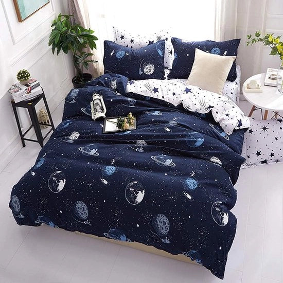 Set di coperte per letto, stelle, 135 x 200 cm, per bambini, ragazzi, blu/bianco, motivo a scacchi, set 2 pezzi, copertina e cuscino, 80 x 80 cm, chiusura a raccordo