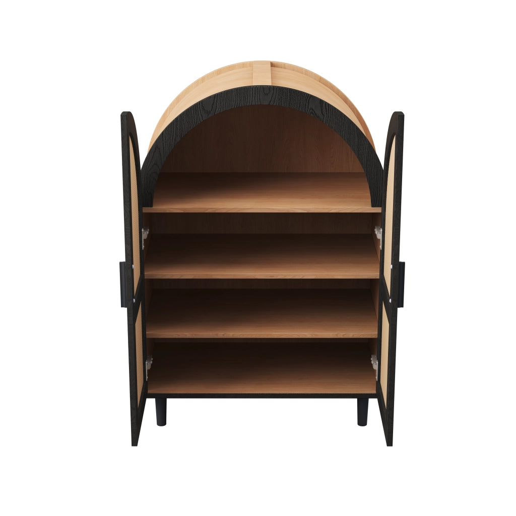Mobile Scarpiera con 2 Ante in Rattan e 3 Ripiani Regolabili; Stile Elegante; in MDF; Naturale+Nero; 70×40×100 cm