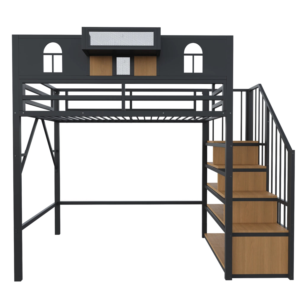 Letto a soppalco in metallo 90 x 200 cm con scala contenitore, mensola, illuminazione e struttura in MDF e metallo, nero