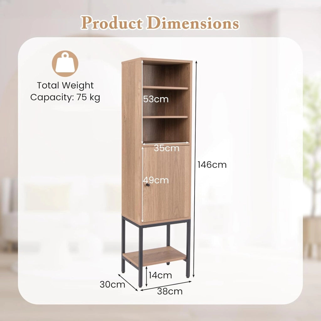 Armadio da bagno alto, colonna bagno con 3 ripiani regolabili, mobile portaoggetti con kit antiribaltamento, 38 x 30 x 145 cm (naturale)