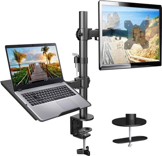 Monitorhouder con braccio per laptop adattabile per schermi LCD LED da 13 a 27 pollici - massimo 15,6 pollici notebook - 2 opzioni di montaggio