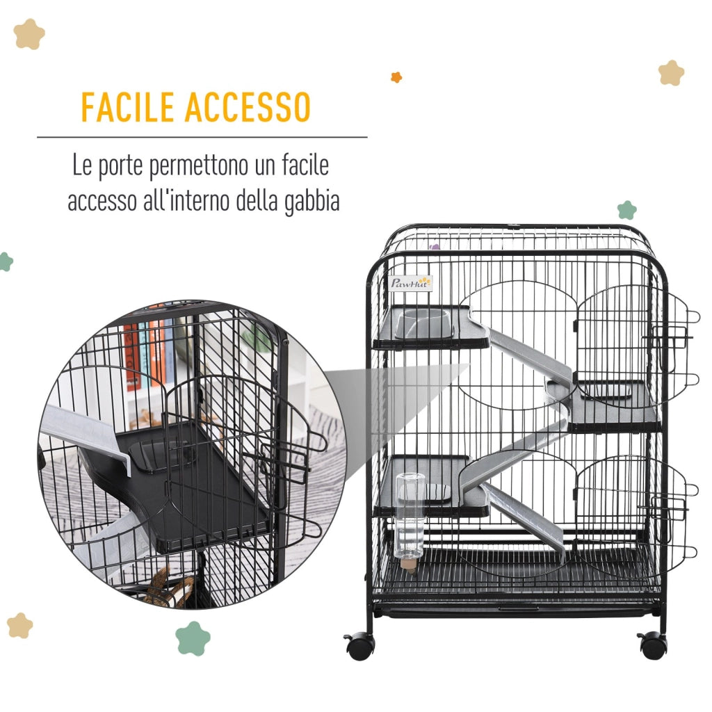EasyComfort Gabbia per Piccoli Animali e Piccoli Roditori con Ruote, Gabbietta per Conigli e Cincillà con 3 Rampe e 3 Piattaforme, Ciotola e Bottiglia, 61.5x44x95 cm, Nero