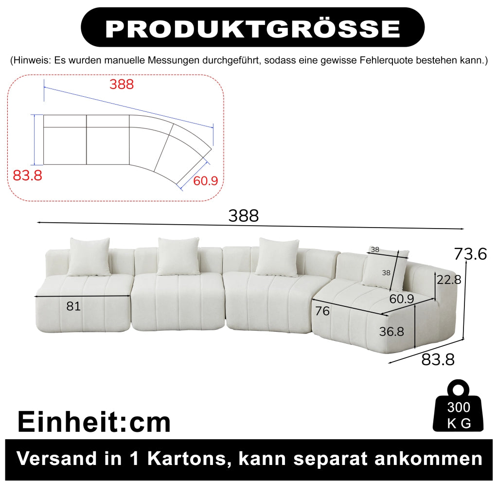 Divano modulare 4 posti con cuscini; design curvo e seduta a tasti di pianoforte in chenille beige