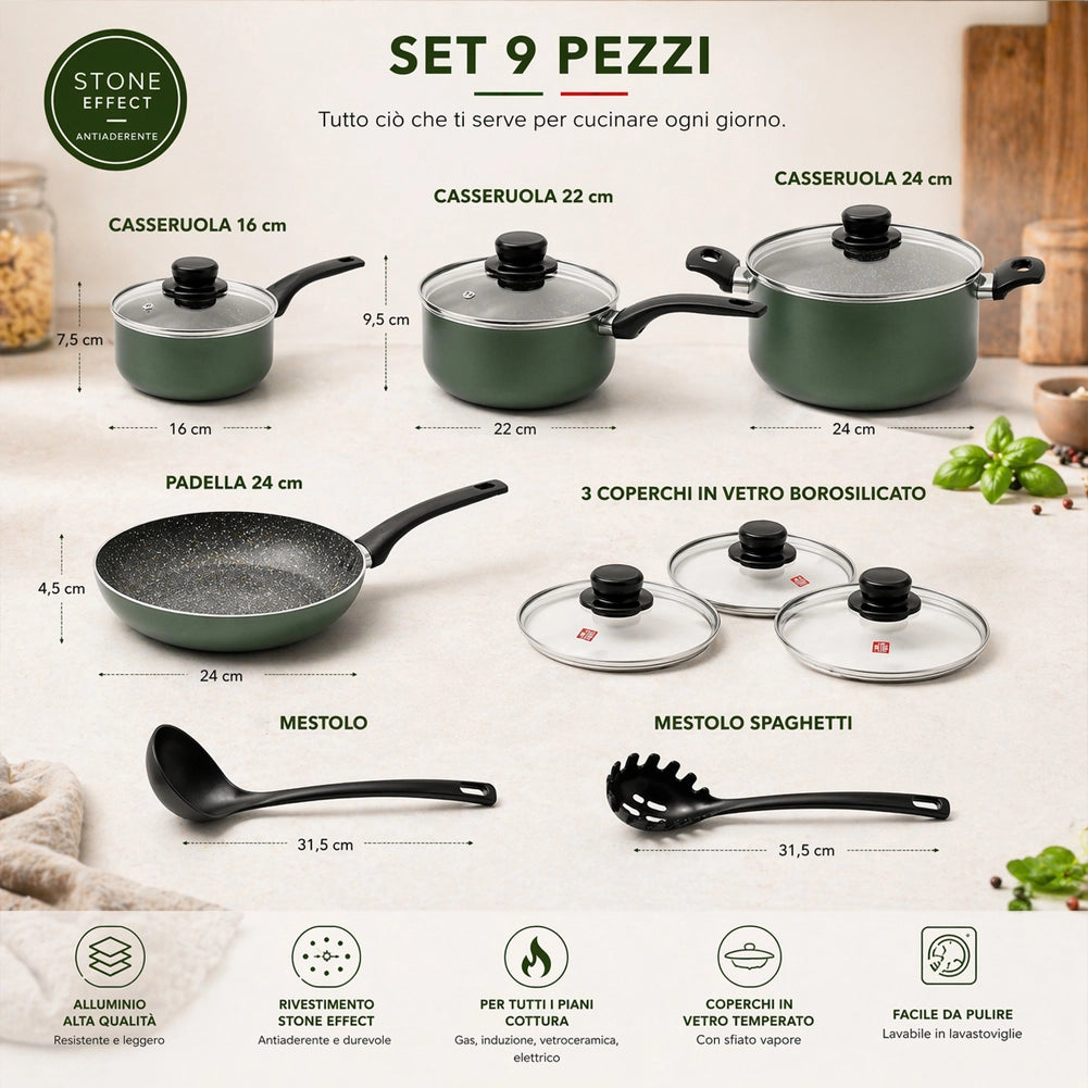 Batteria di Pentole Natura Più 9 Pezzi Verde Antiaderente con Manici Cool Touch