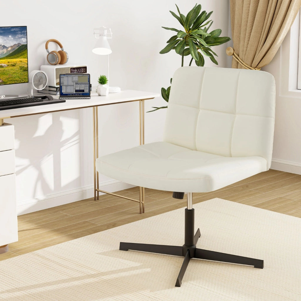 Sedia a crociera a gambe incrociate rivestita in pelle PU con seduta a u spaziosa, Sedia da ufficio girevole Beige-Sedie da ufficio