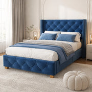 Letto imbottito 90x200 cm in velluto blu con testiera capitonné, rete a doghe e gambe in legno