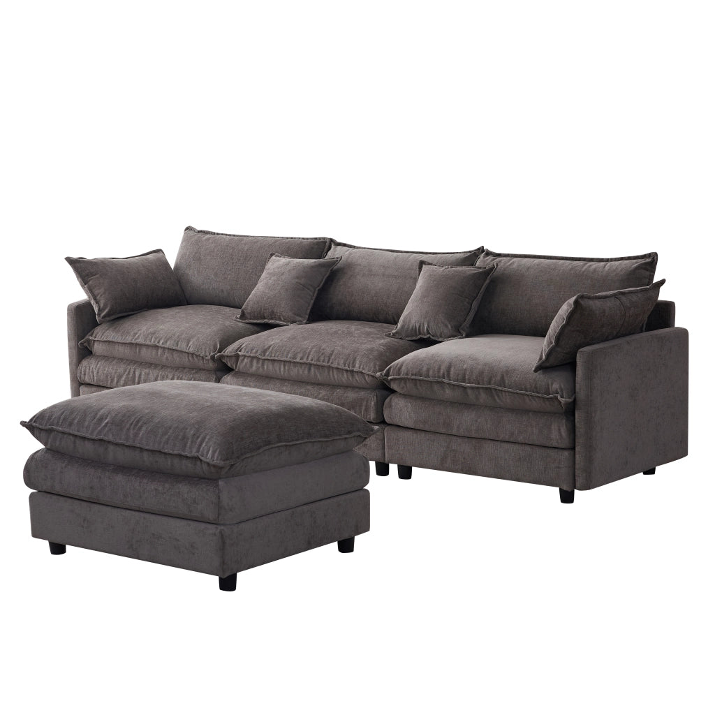 Divano angolare 3 posti con chaise longue e pouf in chenille grigio 267 × 154 cm