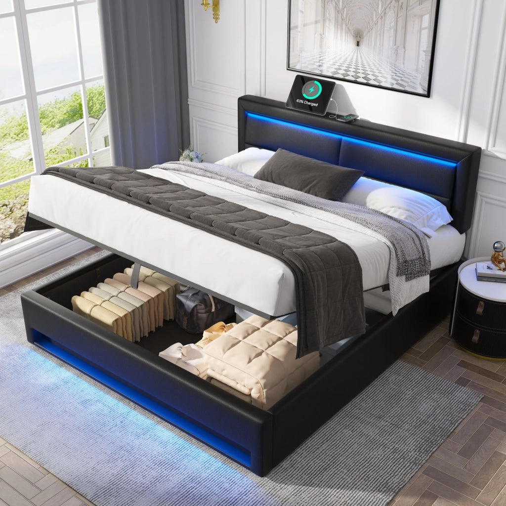 Letti contenitori 160x200 cm; USB; LED e contenitore; PU; nero (Senza materasso)