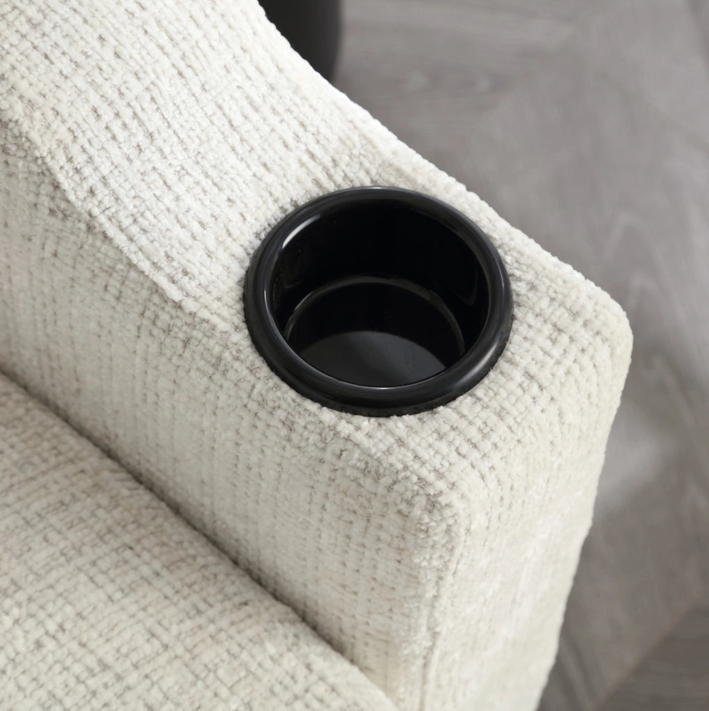 Divano 196.5x75x77 cm 4 posti con pouf contenitore; portabicchieri e tasche laterali in chenille beige