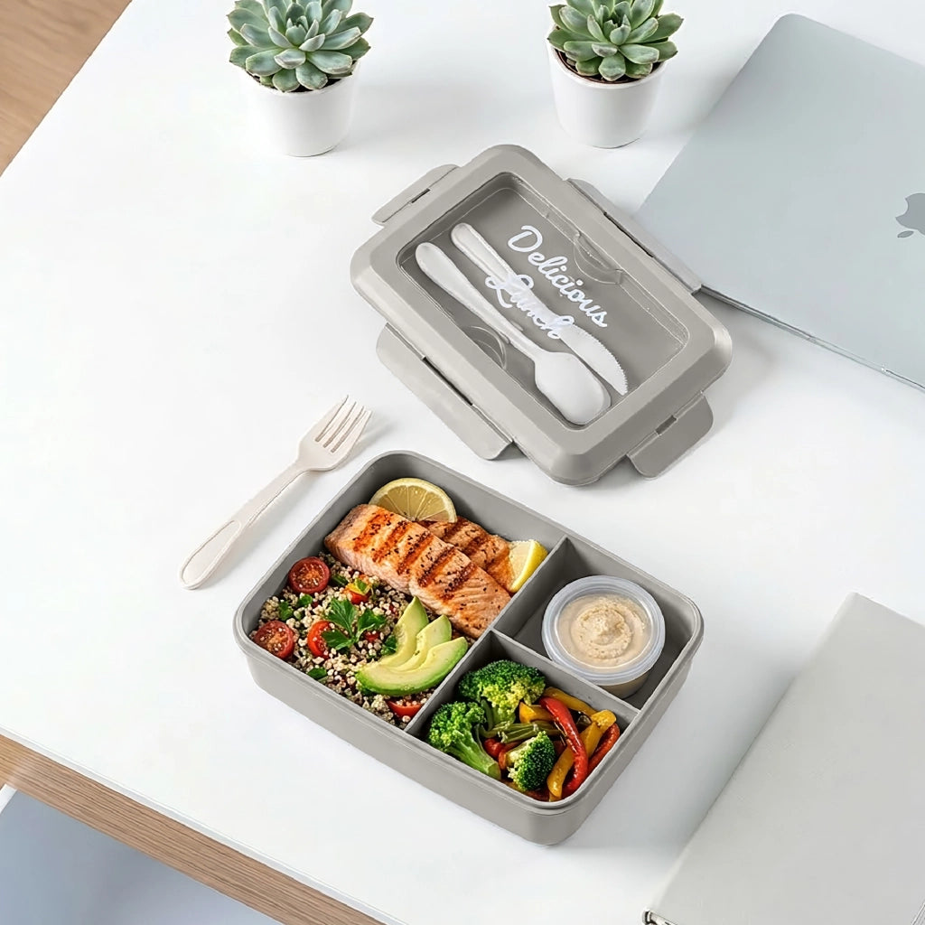 Set 2 Pezzi Lunch Box Porta Pranzo 1300 ml con 3 Posate, Contenitore Ermetico Per Alimenti BPA Free, Utilizzabile in Microonde e Lavastoviglie, Porta Pranzo con 3 Scomparti Grigio