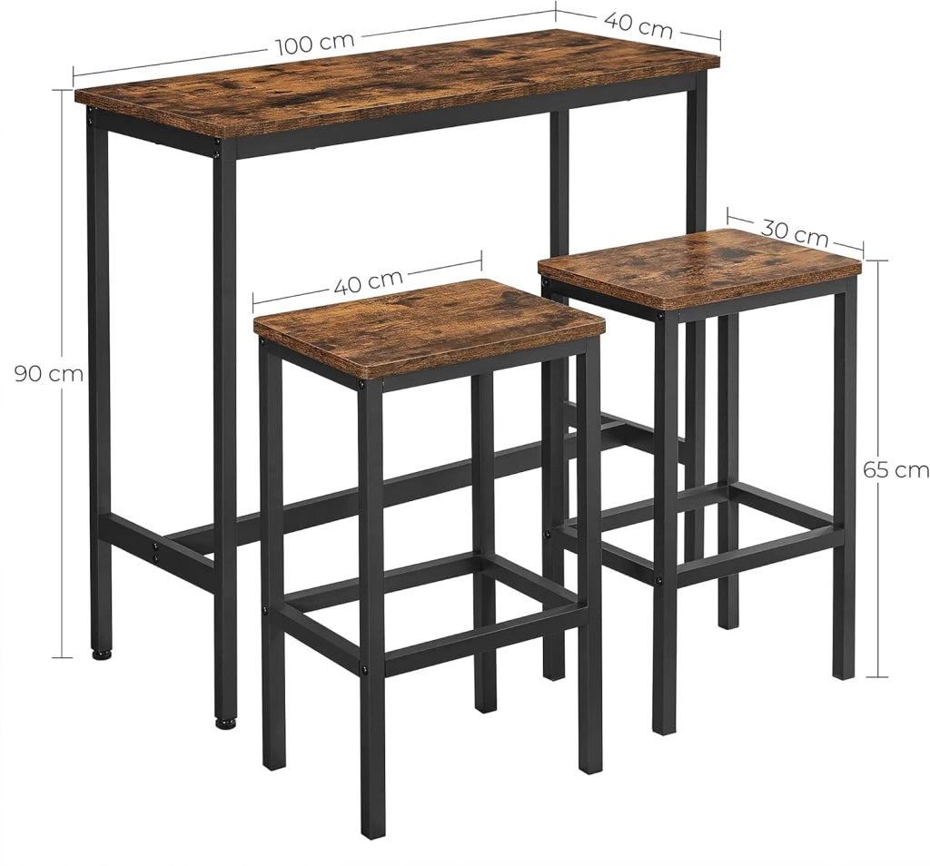 Tavolo Alto, Set di Tavolo e Sgabelli da Bar, Tavolo da Colazione con Set di 2 Sgabelli, Struttura in Acciaio Industriale, Marrone Vintage e Nero Inchiostro