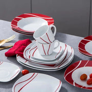 Servizio da Tavola in Porselino da 3 pezzi con Set di Coppe e Piatti - Servizio da Tavola Elegante in Bianco con Rosso - Servizio da Tavola Classico in Bianco e Rosso - Set di Servizio da Tavola in Porselino Bianco con Dettagli in Rosso