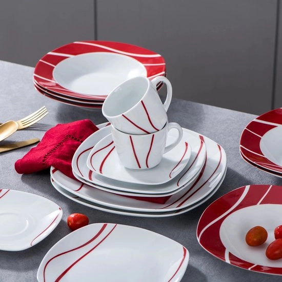Servizio da Tavola in Porselino da 3 pezzi con Set di Coppe e Piatti - Servizio da Tavola Elegante in Bianco con Rosso - Servizio da Tavola Classico in Bianco e Rosso - Set di Servizio da Tavola in Porselino Bianco con Dettagli in Rosso