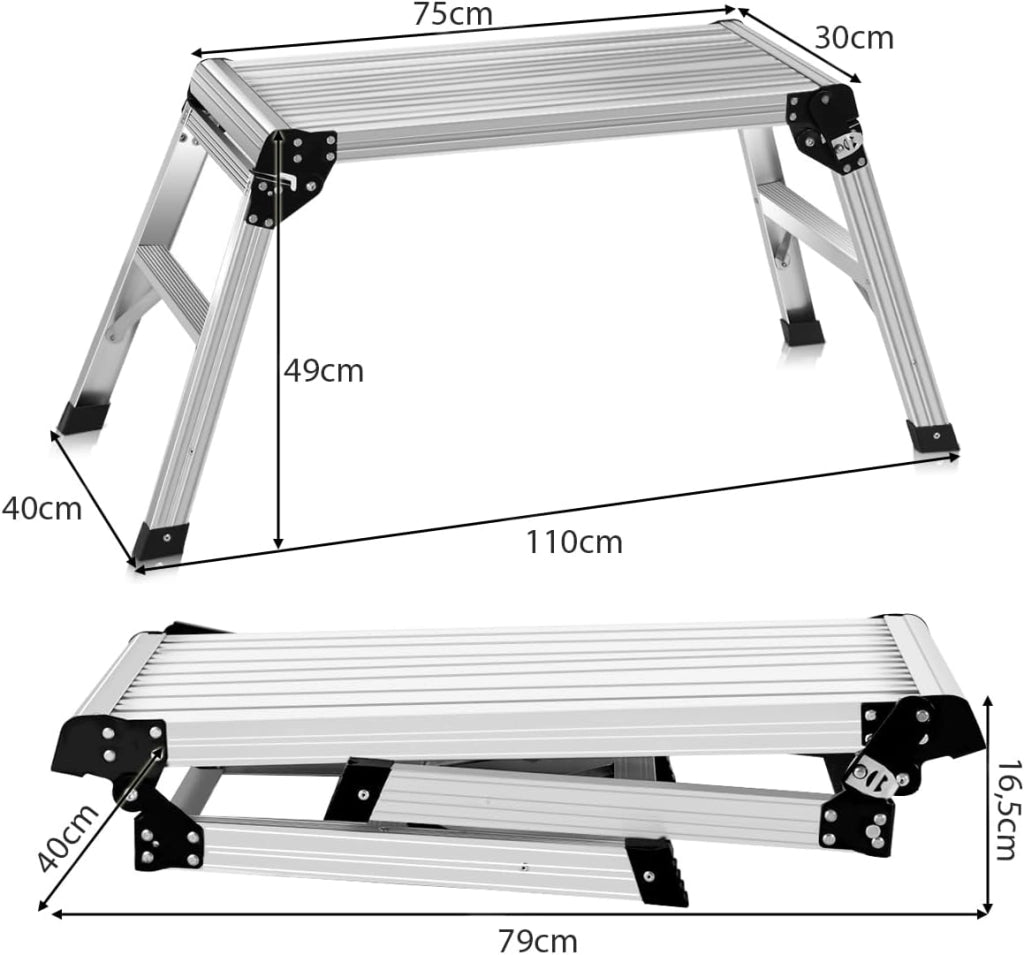 Piattaforma da Lavoro Pieghevole in Alluminio, Portatile, Portata Fino a 150 KG, Scala Piattaforma con Tappetino Antiscivolo e Serrature di Sicurezza, Scala a Gradini per Casa, Garage