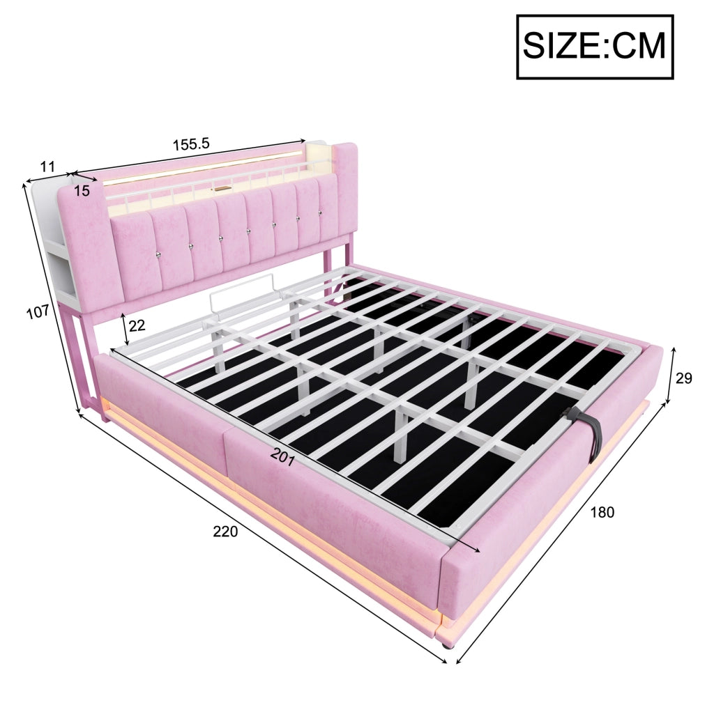 Letto imbottito 180x200 cm con LED; USB e contenitore idraulico in velluto rosa