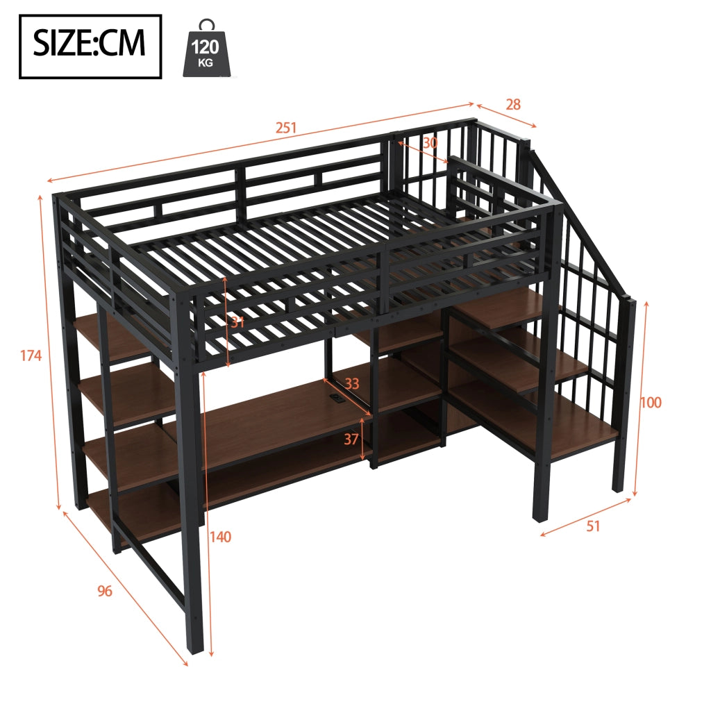 OKWISH Letto a soppalco 90×200 cm, Letto Singolo con Mobile TV, Presa, Scala contenitore e Spondina, senza Materasso, Nero