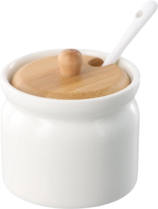 Suikeriera con coperchio in ceramica, contenitore per zucchero con cucchiaio, contenitore per sale con coperchio e cucchiaio, per tè, zucchero, sale e spezie, 180 ml, bianco