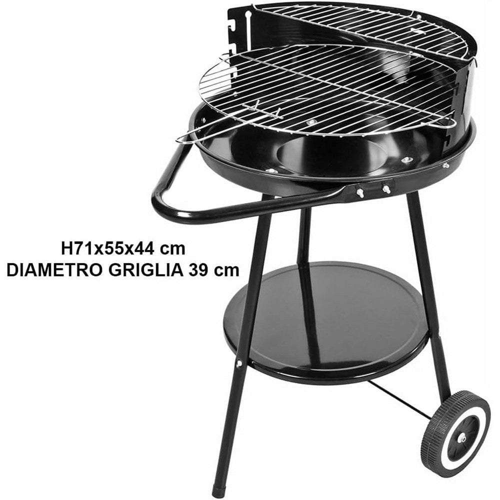 Trade Shop - Barbecue Con Ruote Ripiano Griglia Tonda In Acciaio Fornacella A Carbone Per Carne Pesce -