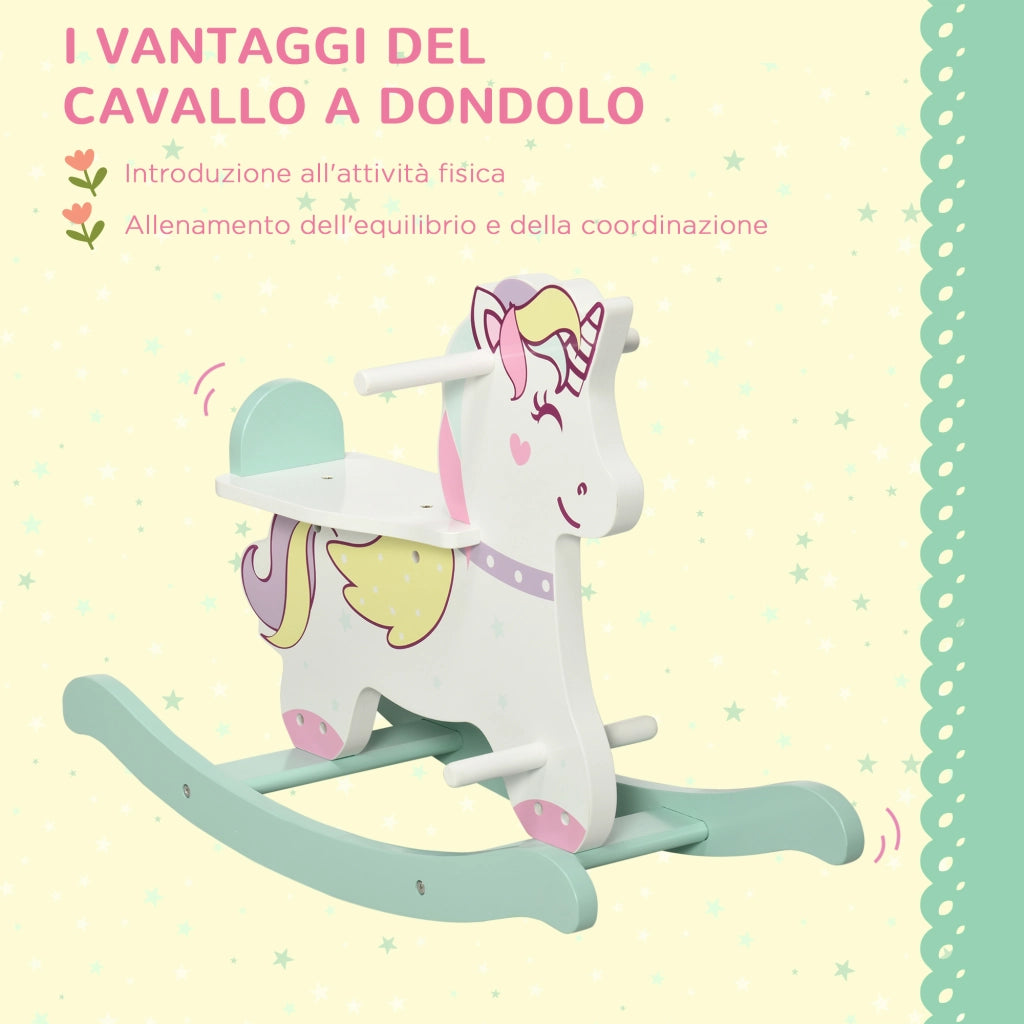 Cavallo a Dondolo per Bambini 1-3 Anni con Maniglie, Schienale e Pedali in MDF, 68L x 27P x 47.5A cm, Multicolore