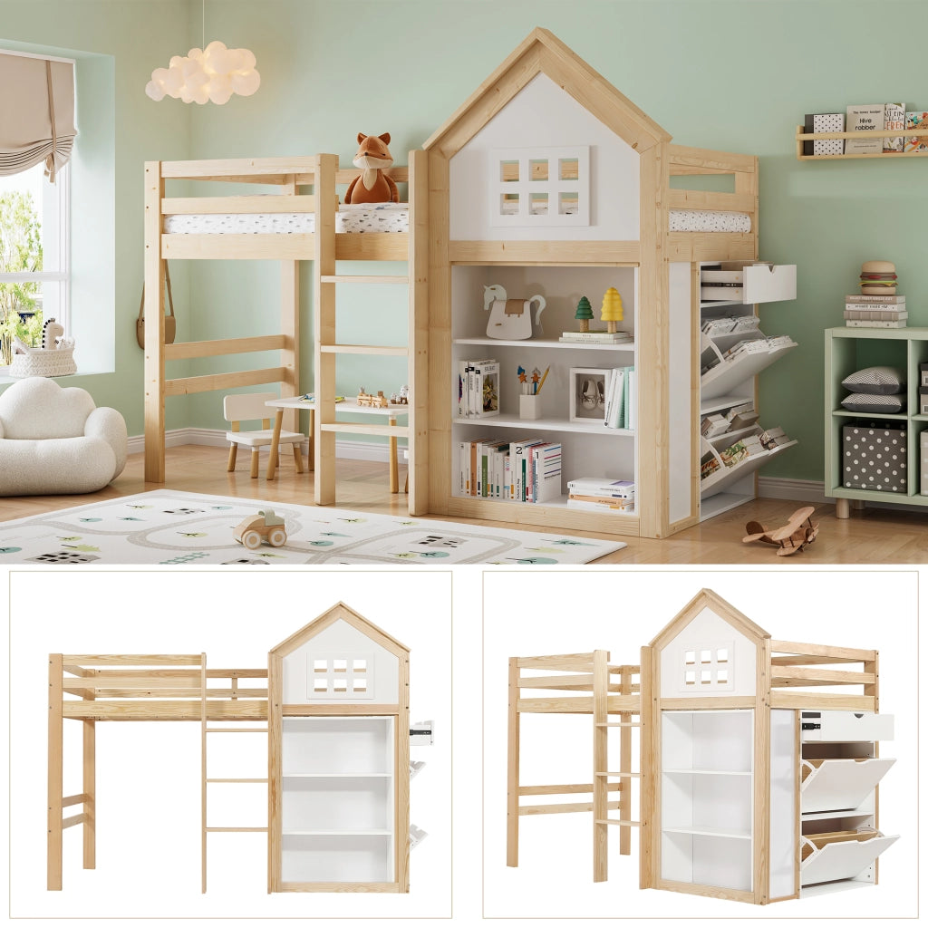 LETTO A CASTELLO per bambini con vani e cassetti 90x200 cm bianco/naturale