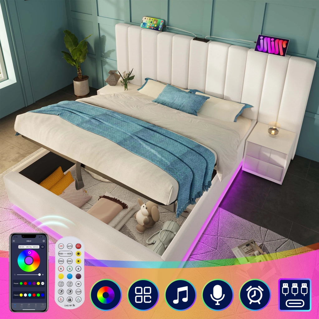 OKWISH Letto Contenitore 160×200 cm, Letto Matrimoniale con 3 USB, Type C, LED 360°, senza Materasso, in PU, Bianco