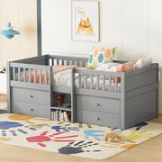 DESMIU Letto per Bambini 90 × 200 cm 1 Posto con 4 Cassetti, Sponde e Scala, senza Materasso, Pino, Grigio