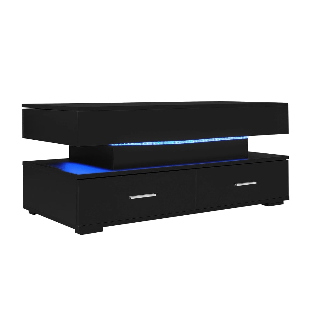 Tavolino da caffè sollevabile idraulico 100x50x44 cm con LED, Bluetooth APP, 2 cassetti e vano a giorno, nero