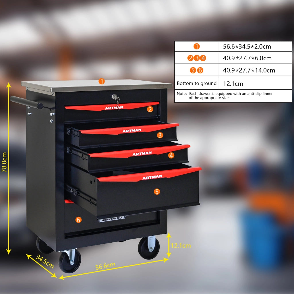 Mobile contenitore con 5 cassetti e ruote in acciaio per garage e officina, con chiusura a chiave, nero rosso