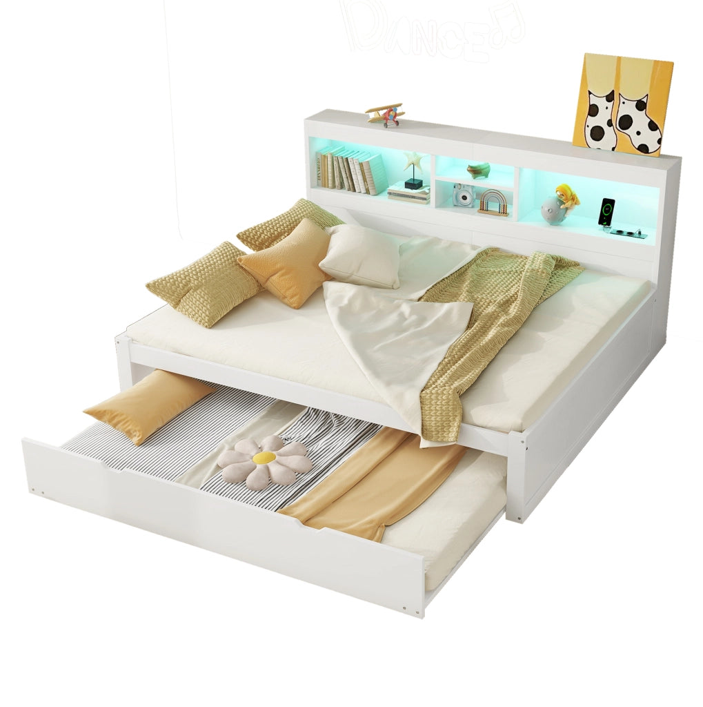 Divano letto estraibile con luci ambiente, presa USB e vano laterale, bianco