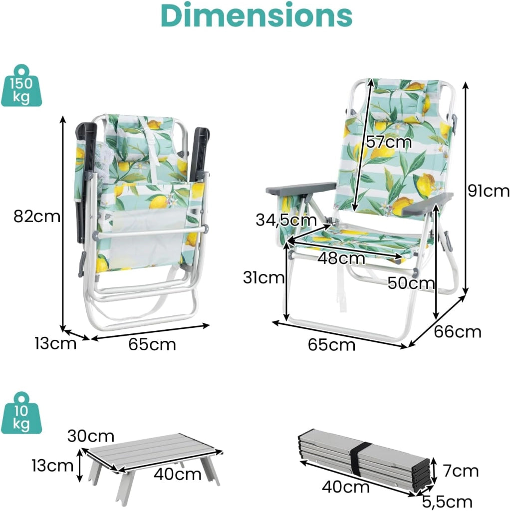 Sedie da spiaggia pieghevoli con tavolo, sedie da campeggio con poggiatesta e schienale regolabile, beach chair con sacchetto di ghiaccio e portabevande e custodia fino a 136/150 kg (modello