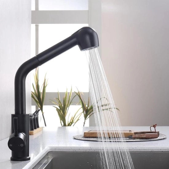 Armatura di scarico estraibile con 2 tipi di getto 304 acciaio inossidabile alta pressione miscelatore a manopola nera 360° girante miscelatore a manopola unica