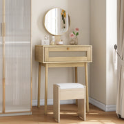 Tavolo da trucco in rattan con specchio rotondo, design boho compatto in rovere per camera da letto e piccoli spazi