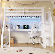Letto a soppalco 90x200 cm con scrivania; LED e scala contenitore in MDF; pino e compensato bianco