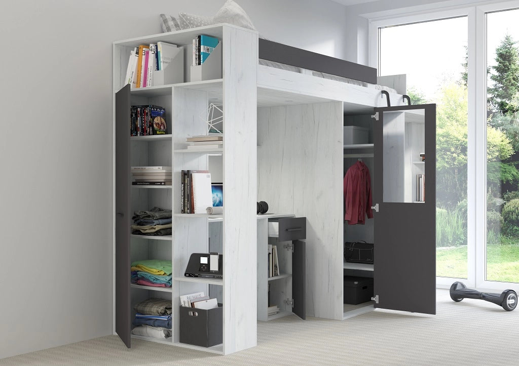 LETTO ARMADIO SCRIVANIA LIBRERIA  BAMBINI VERANA P H190x120x236cm BIANCO GRAPHITE