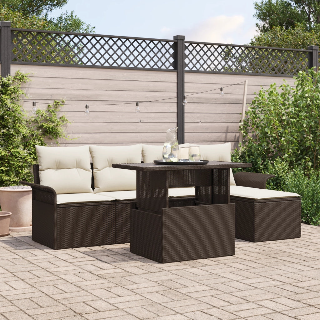 Set di Divani da Giardino da 6 Pezzi con Cuscini Marrone Polyrattan