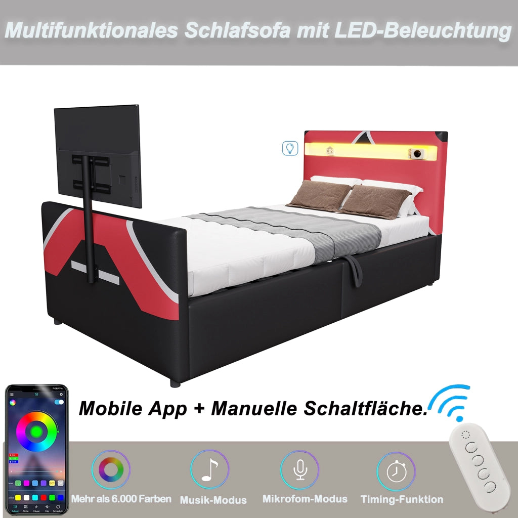 Letto per bambini 90 × 200 cm con LED a colori, contenitore idraulico et supporto TV, senza materasso, nero