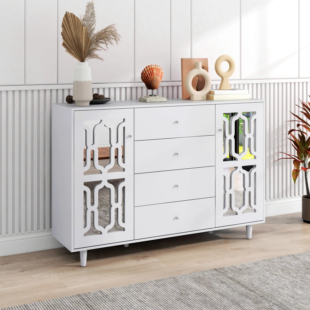 Credenza bianca a specchio con 2 ante, 4 cassetti e ripiano interno per soggiorno e ingresso 147,5 × 40 × 102 cm