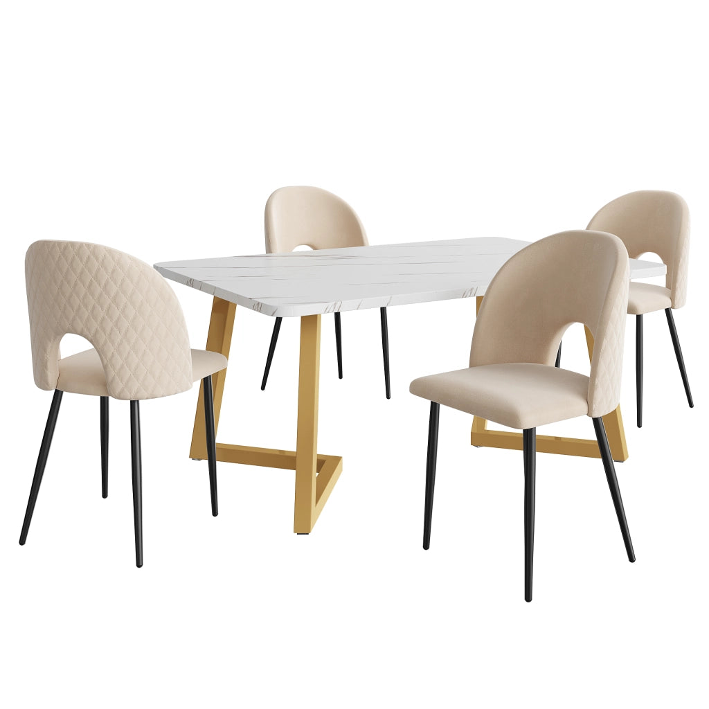 Tavolo da Pranzo con 4 Sedie Imbottite in Velluto ¨C MINIMAL ¨C Beige, Gambe Dorate, 117x68 cm