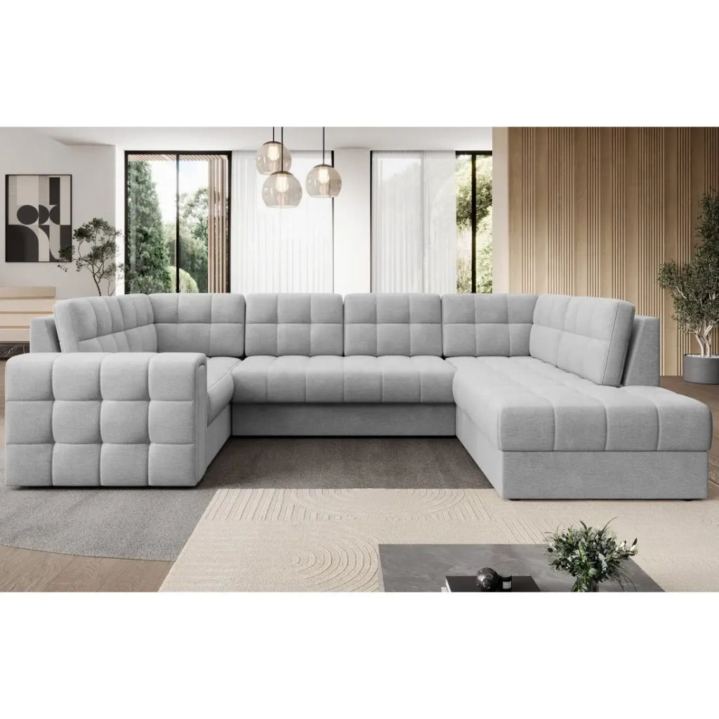 Divano ad angolo convertibile MONTEZA grigio 299 cm con contenitore e letto