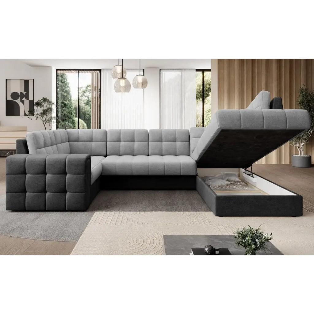 Divano angolare trasformabile MONTEZA nero e grigio 299 cm con vano contenitore e letto
