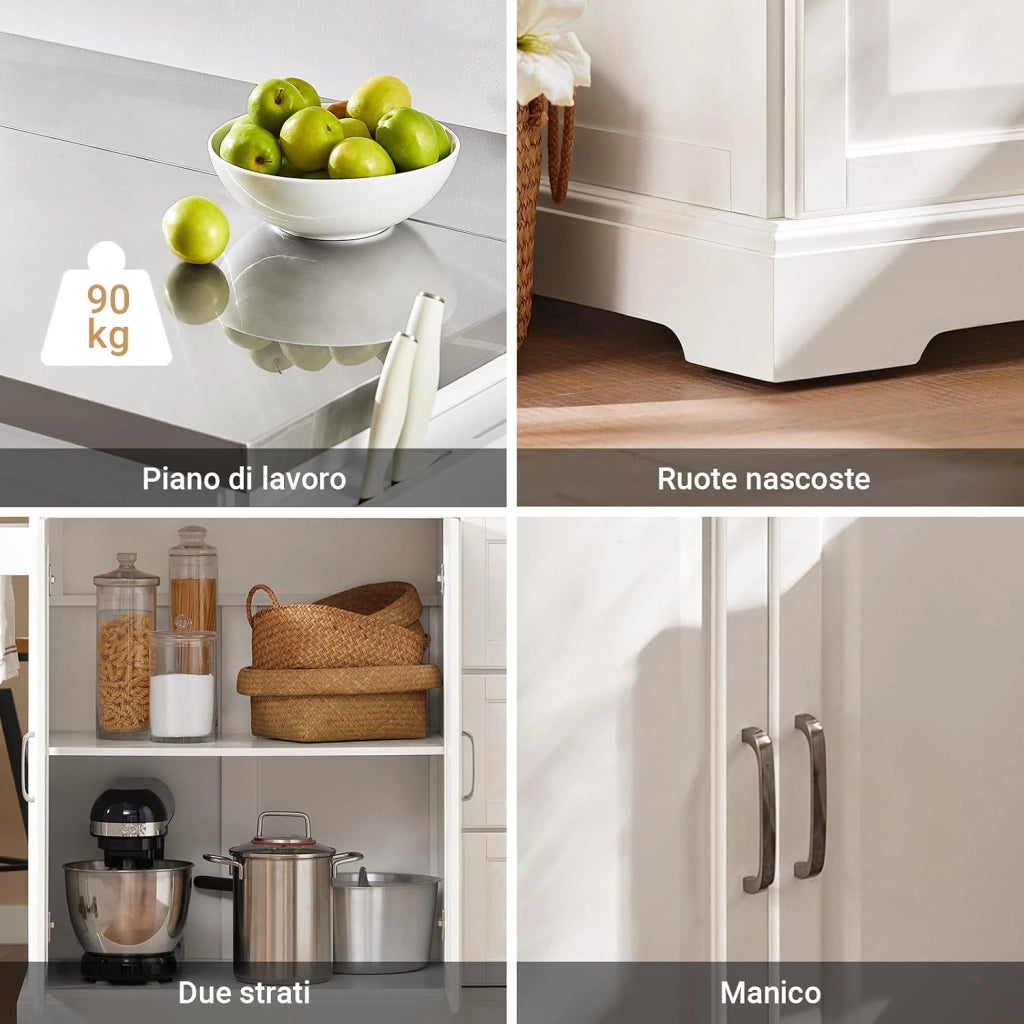 isola cucina piano lavoro in acciaio inox anti-impronta carrello da cucina con ruote mobile cucina con 3 cassetti Bianco 130x91x(46-71) cm FKW41-ST