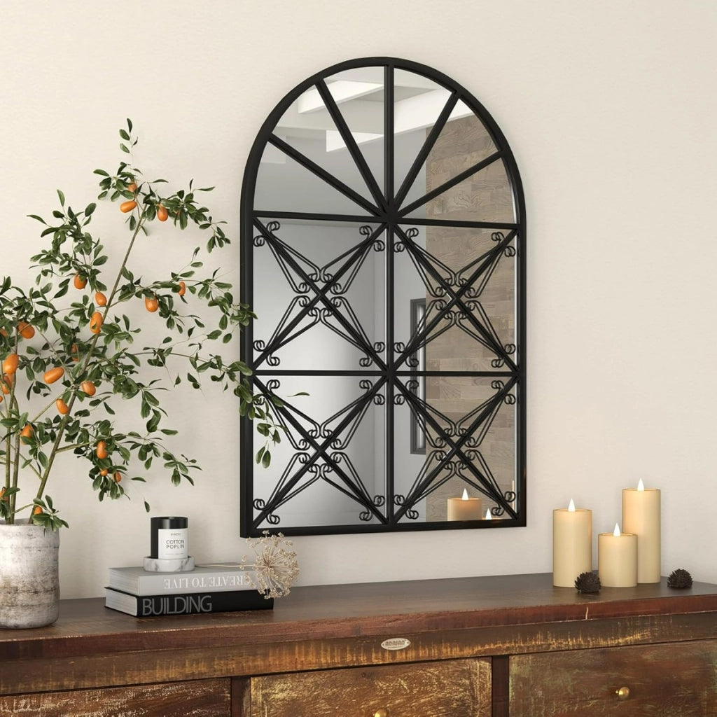 Specchio decorativo a finestra ad arco con cornice in metallo, Decorazione a finestra per camera da letto e bagno Nero