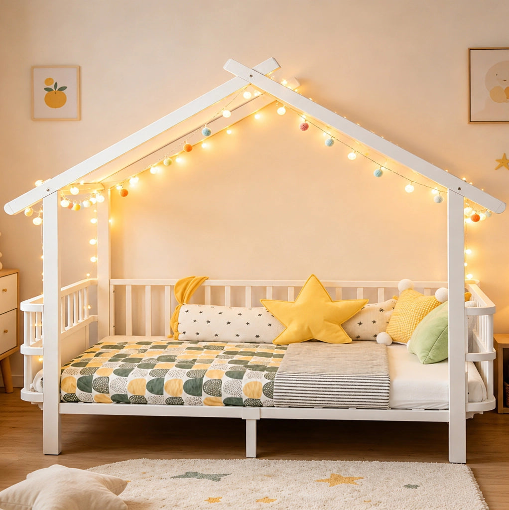 Letto per bambini 90x200 cm con barriera di sicurezza e struttura a casetta in metallo bianco
