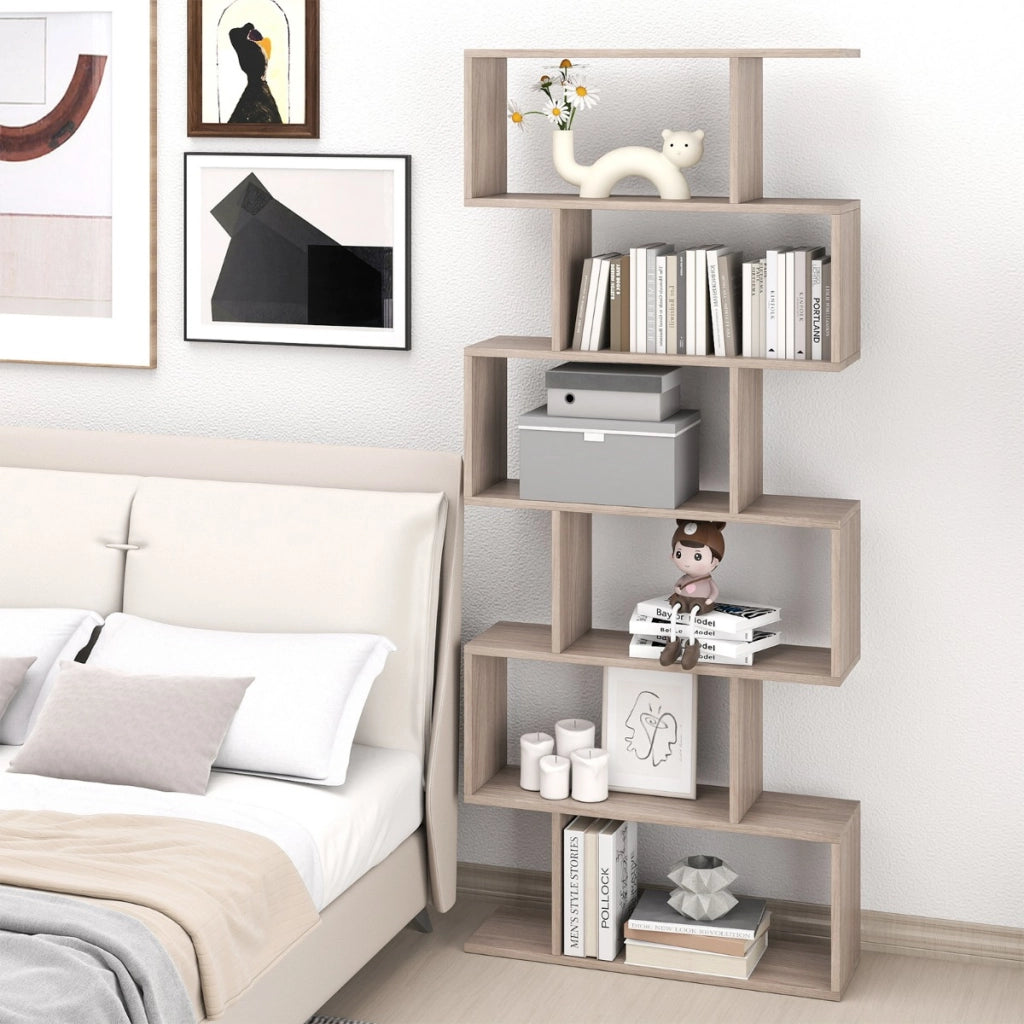 Libreria a 6 livelli a forma di S con dispositivo antiribaltamento-Scaffale di legno per casa e ufficio Grigio chiaro