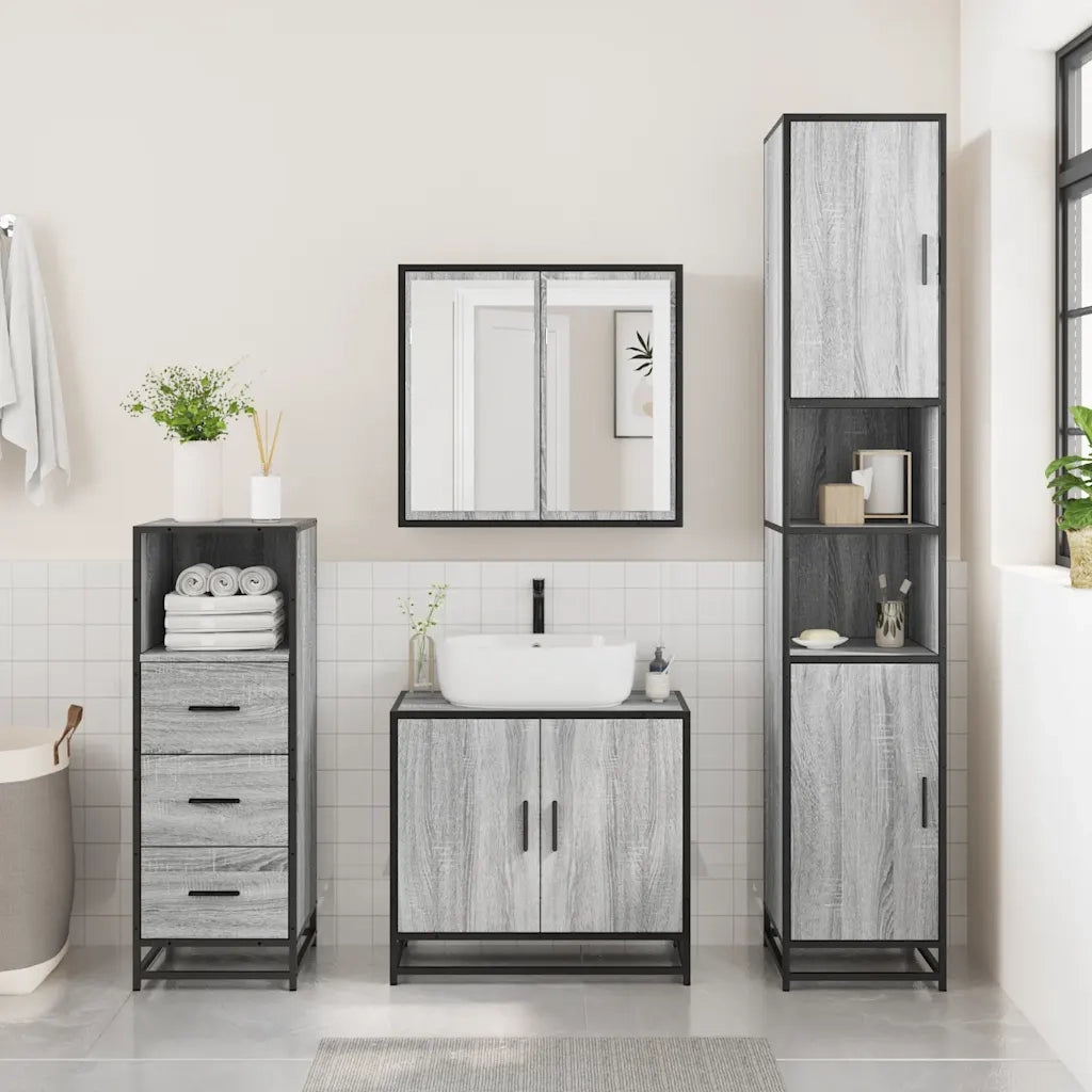 Set Mobili da Bagno 3 pz Grigio Sonoma in Legno Multistrato 3301008